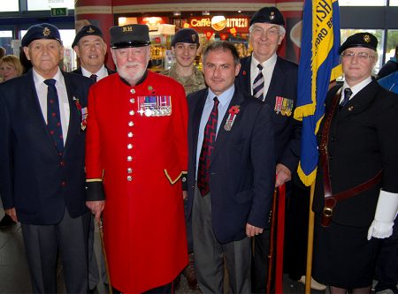 Chelsea Pensioner Brian Cummings MBE helps launch the Stoke Gifford RBL branch's Poppy Appeal for 2015/16.