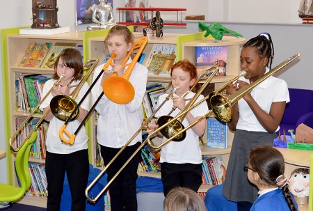 The Little Stoke Sliders play a fanfare at the official opening of the new library area at Little Stoke Primary School.