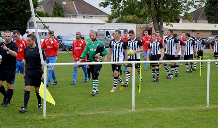 Little Stoke FC players walk out for their first home game in the Gloucestershire County League, against Frampton United, on Saturday 27th August 2016.
