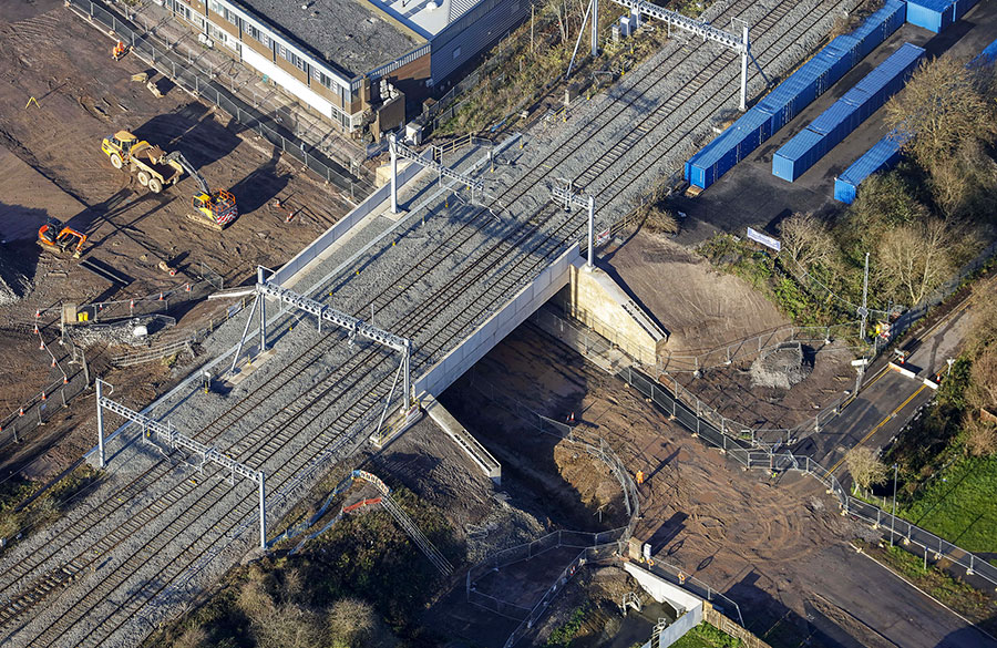 Aerial photo of railway bridge.