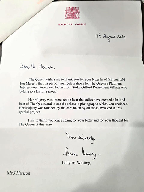 Photo of a letter sent on behalf of The Queen.