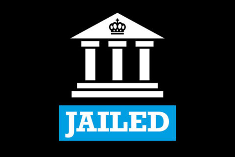 Graphic showing a stylised court building with the word 'Jailed' beneath.