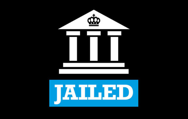 Graphic showing a stylised court building with the word 'Jailed' beneath.