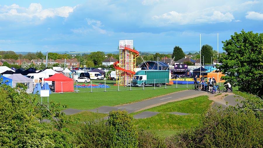 Photo of a festival site being set up.