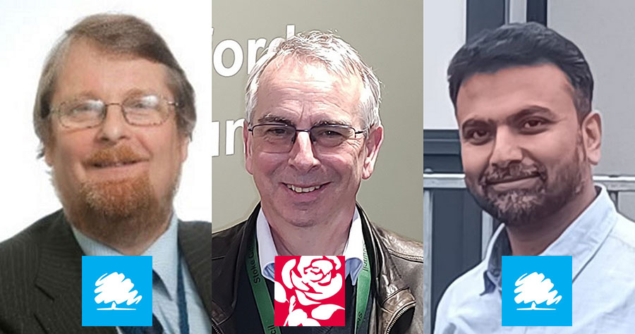 Collage of photos showing three election candidates with party logos superimposed.