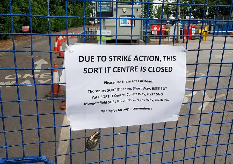 Photo of a notice displaying the headline "Due to strike action this Sort It Centre is closed".