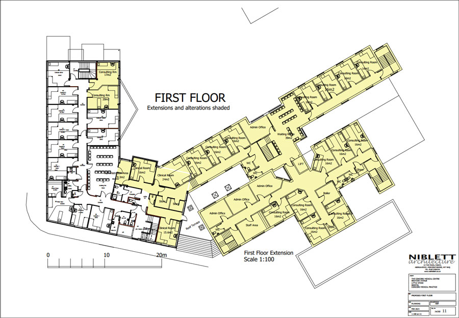 Plan showing proposed first floor extensions and alterations.