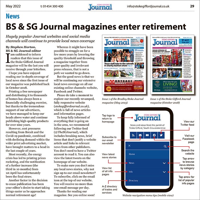 Image of a magazine article that has the headline 'BS & SG Journal magazines enter retirement'.